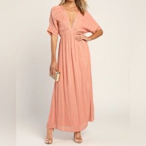 NWT Lulus Goddess Vibes Rusty Rose Gold Striped Dolman Sleeve Maxi Dress XL